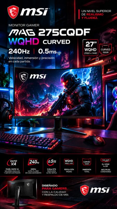 Monitor Gamer MSI 27" MAG 275CQDF WQHD Rapid VA 240Hz 0.5ms Curved 2xHDMI + 1xDP (II)
