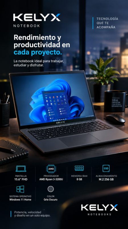 Notebook Kelyx 15.6" FHD AMD Ryzen 3-3200U 8Gb M.2 256Gb Win 11 Home Gris Oscuro